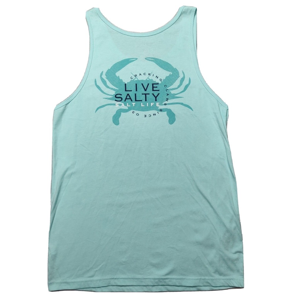 SALT LIFE Live Salty Men Medium Blue Crab Cracking Claws Aruba Blue Tank Top NEW
